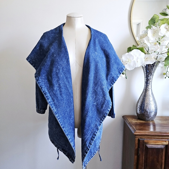 90s Madein Dark Wash Denim Avant Garde Dramatic Shawl Collar Hooded Wrap Jacket - Picture 3 of 16